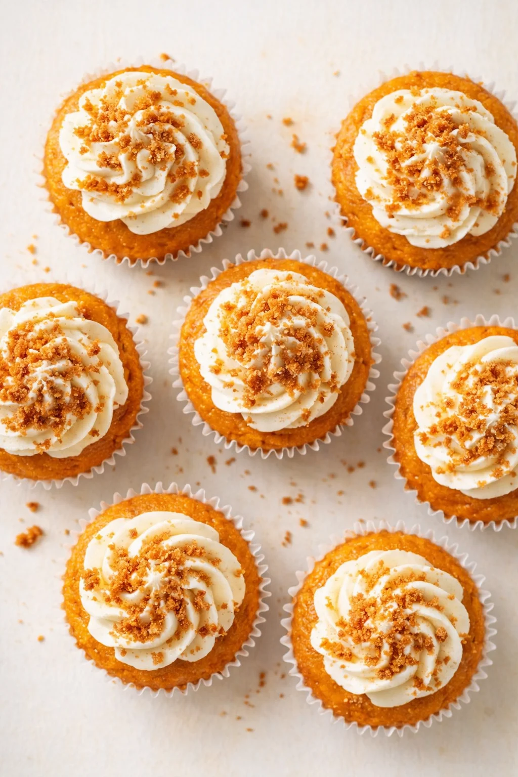 Top-down view of nine orange carrot cupcakes with white frosting swirls and crumb topping.