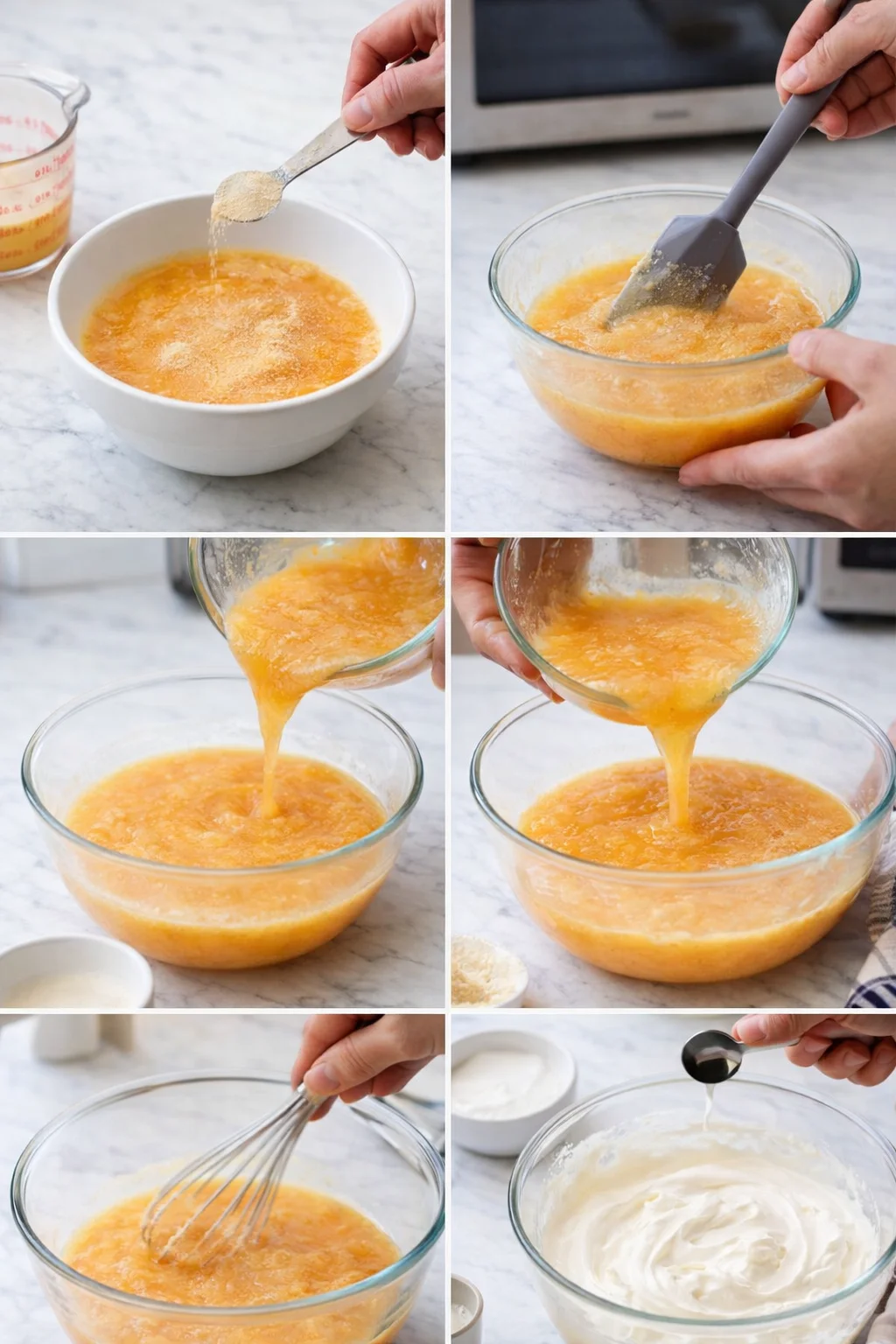 step-by-step collage of orange-curd mixture being whisked and folded with whipped cream in glass bowls