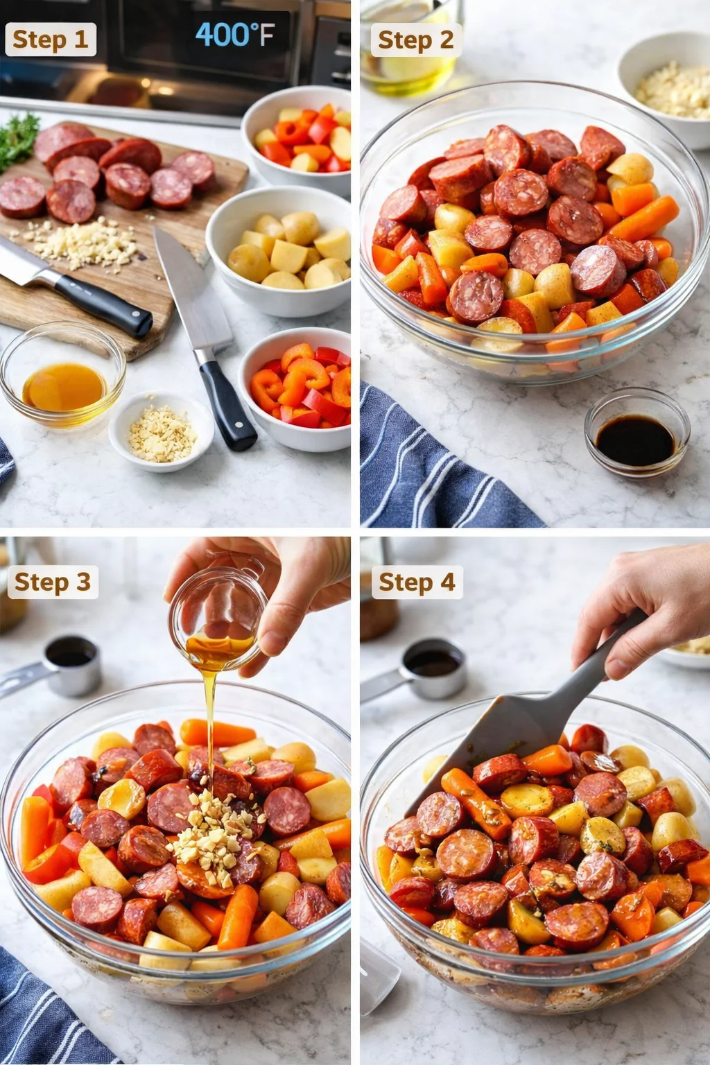 four-panel collage showing prep, mixing, and cooking steps for roasted sausage and vegetables