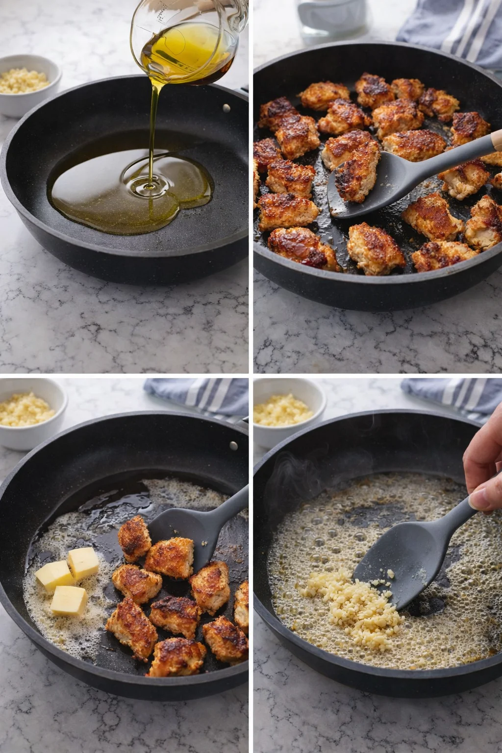collage showing oil pouring into pan, browned chicken bites, butter addition, and garlic being added.