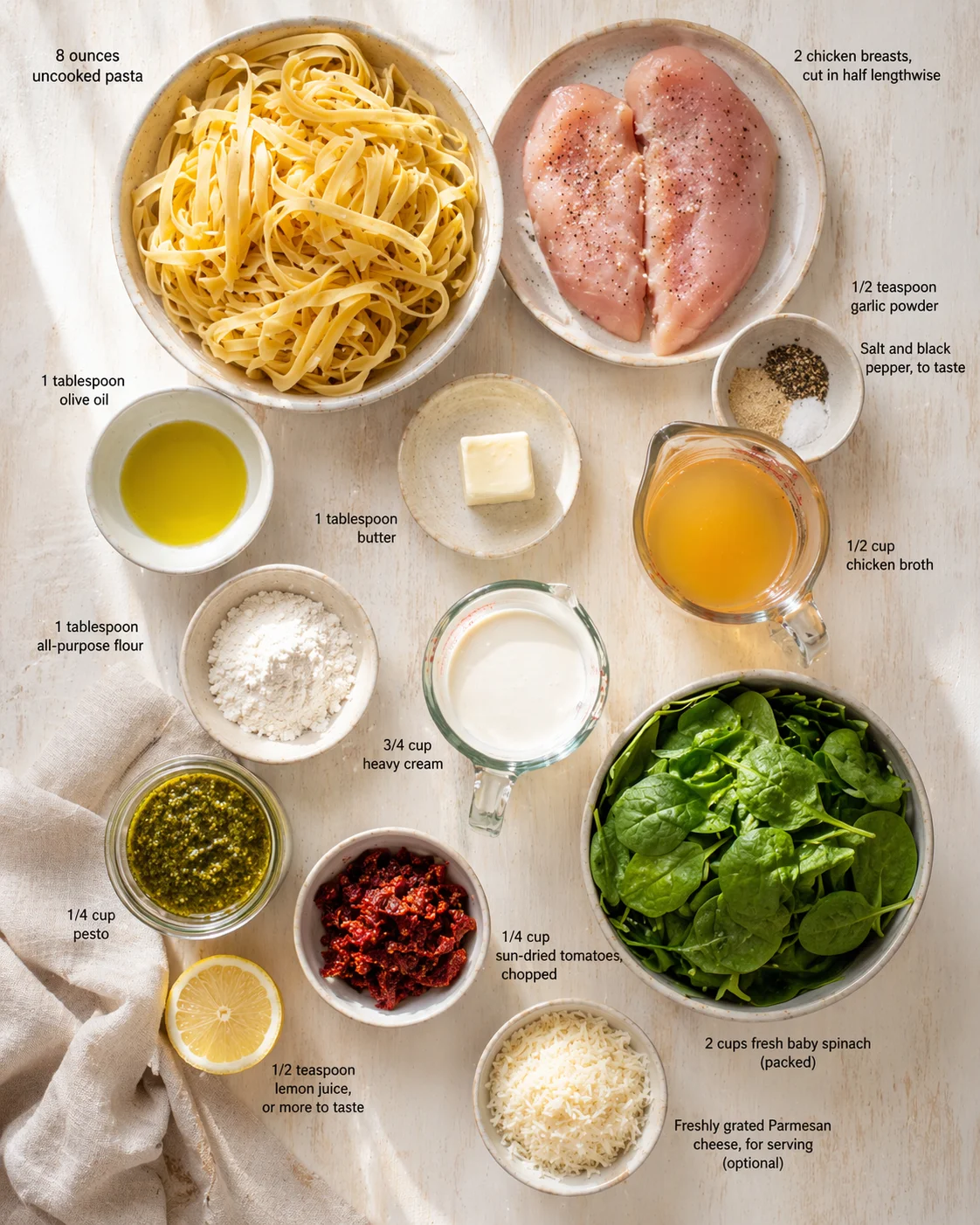 Overhead shot of arranged pasta ingredients and chicken on a light wooden surface.