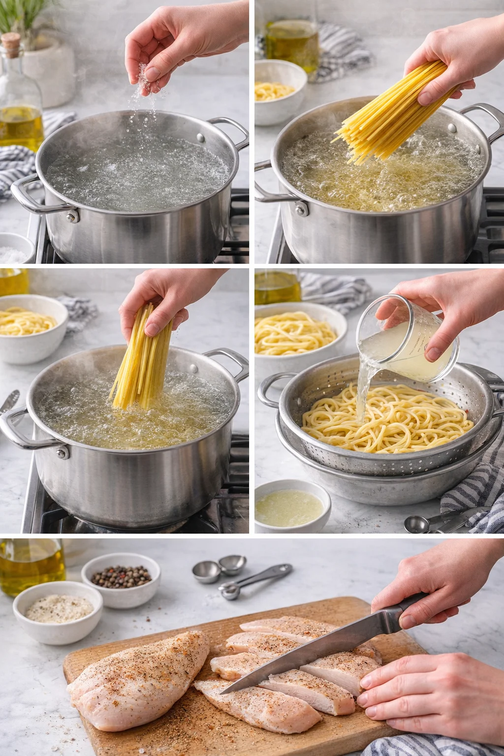 A collage of hands performing pasta-cooking steps: boiling water, adding spaghetti, draining, and preparing chicken on a cutting board.