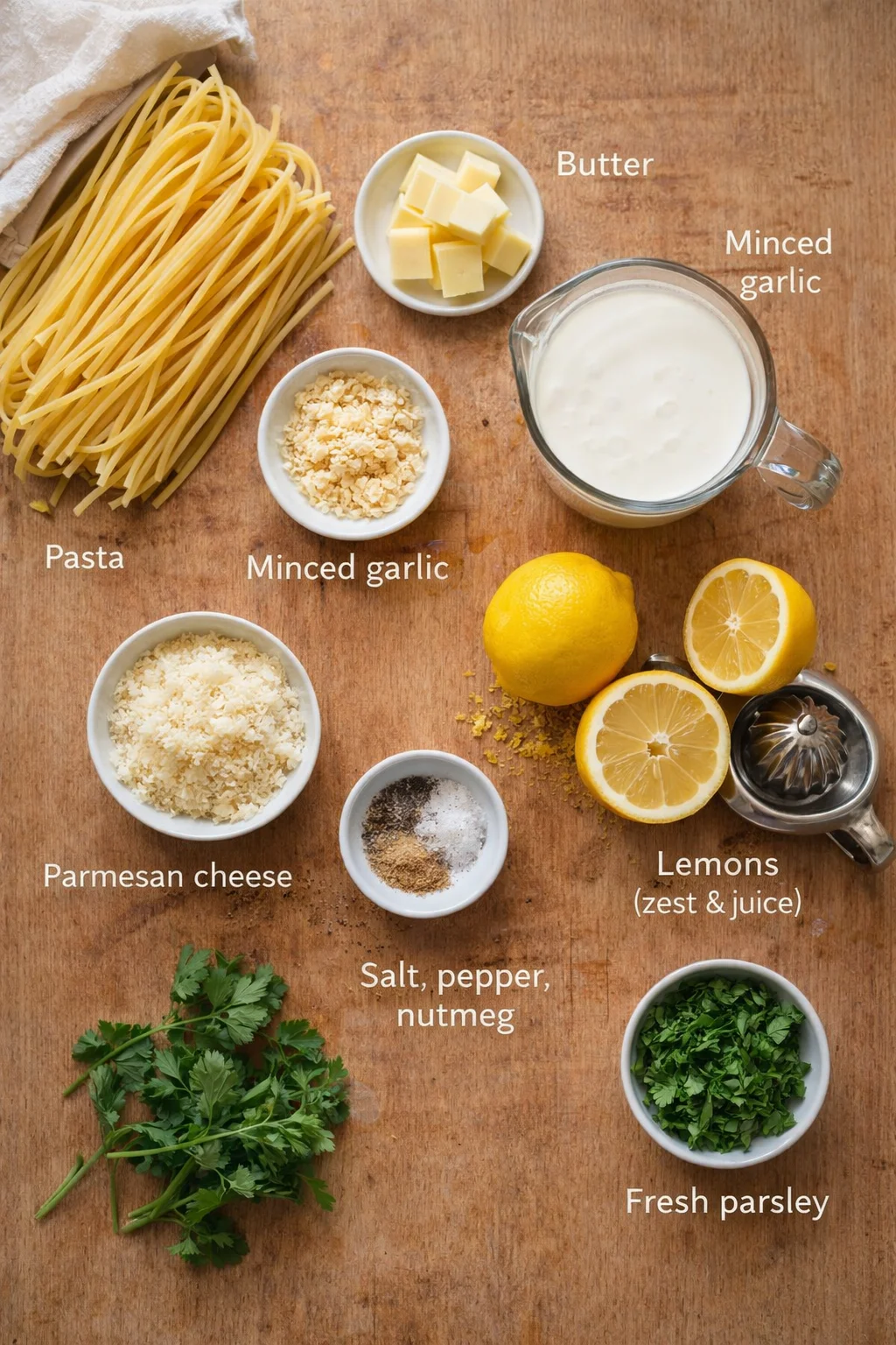 Assorted pasta ingredients laid on a wooden board: spaghetti, butter, garlic, Parmesan, cream, lemons, and parsley.