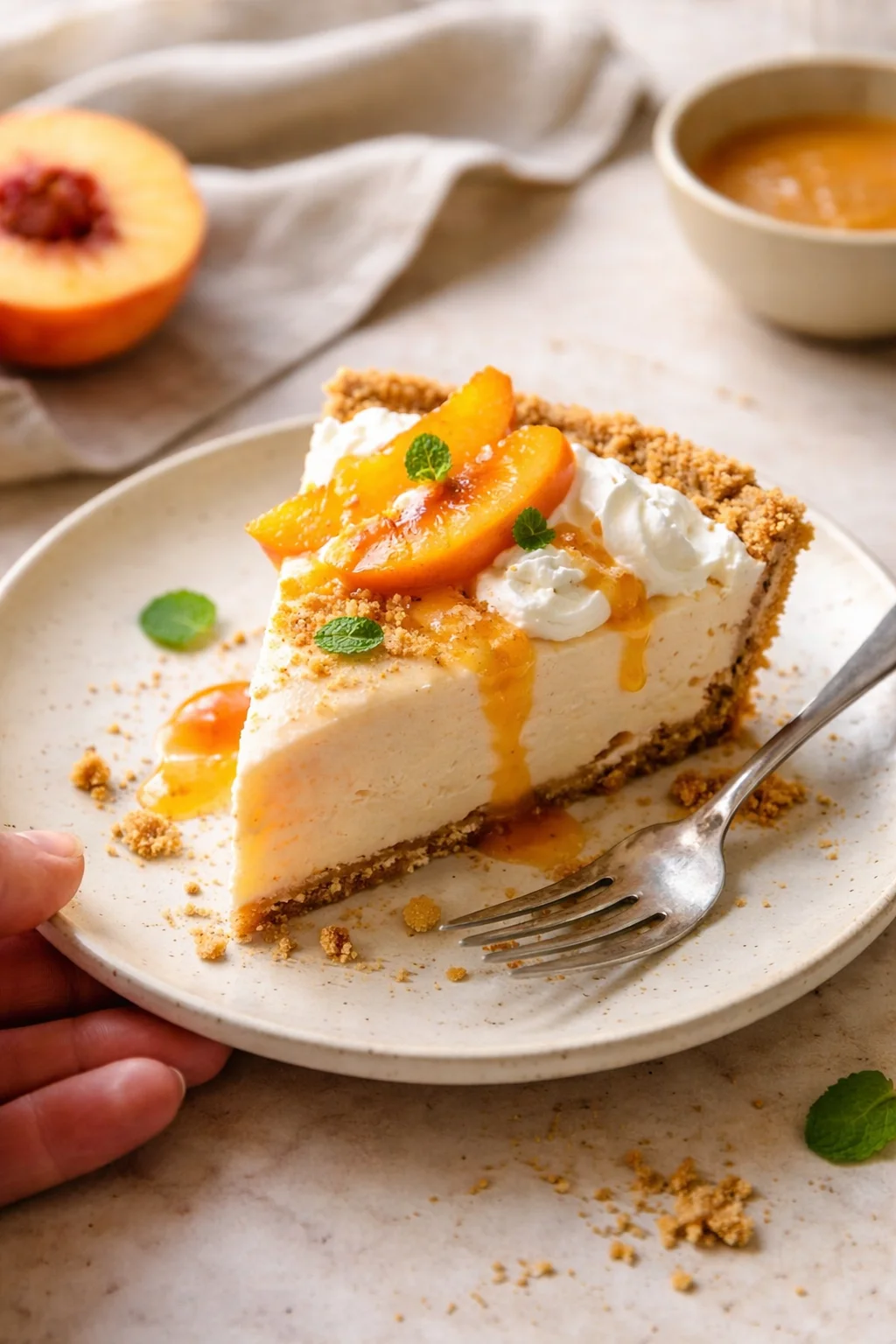 slice of peach-topped cheesecake with crumb crust on speckled plate, peach slices and mint garnish