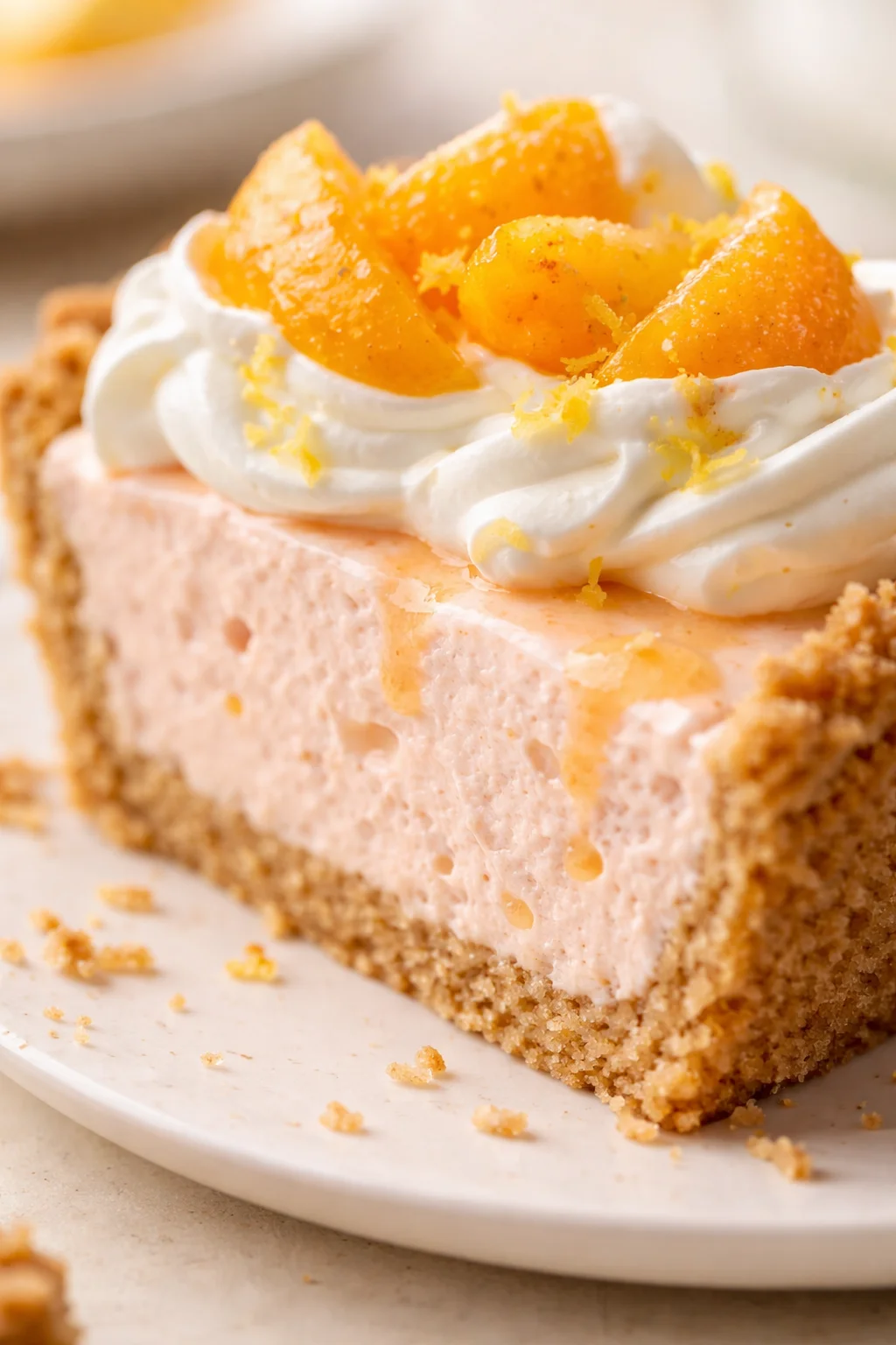 slice of peach cheesecake on graham-cracker crust topped with whipped cream and peach slices