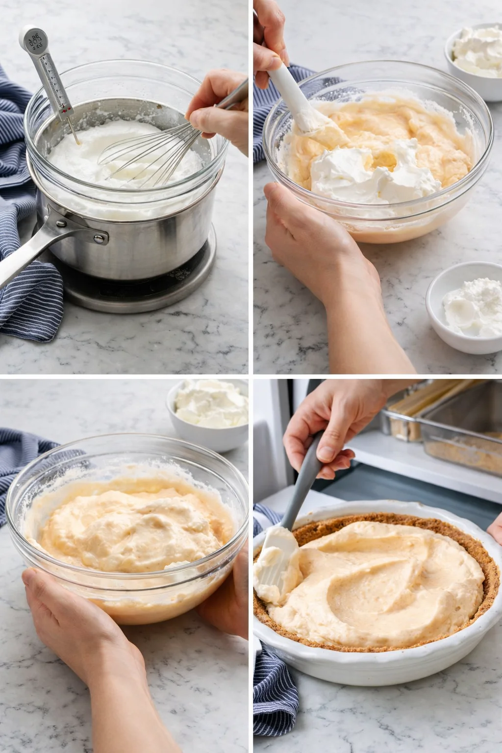 A four-panel collage showing step-by-step pie filling: whisking whites, folding cream into batter, combining mixture, and spreading on crust.