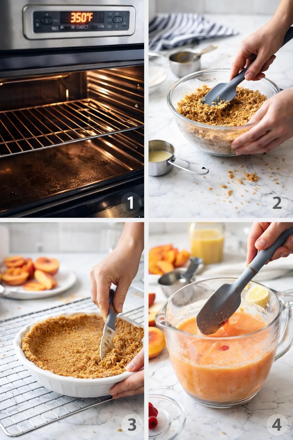 Four-panel collage showing peach crumble recipe steps: oven preheat at 350F, crumb topping mixing, crust pressing, peach batter being stirred.