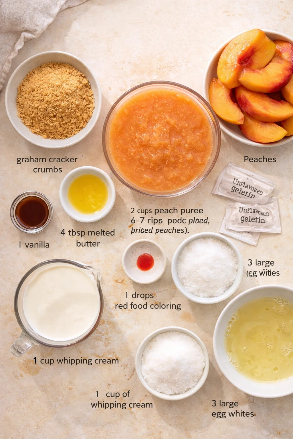 top-down view of peaches, graham cracker crumbs, gelatin packets, and dairy ingredients arranged for a peach dessert recipe