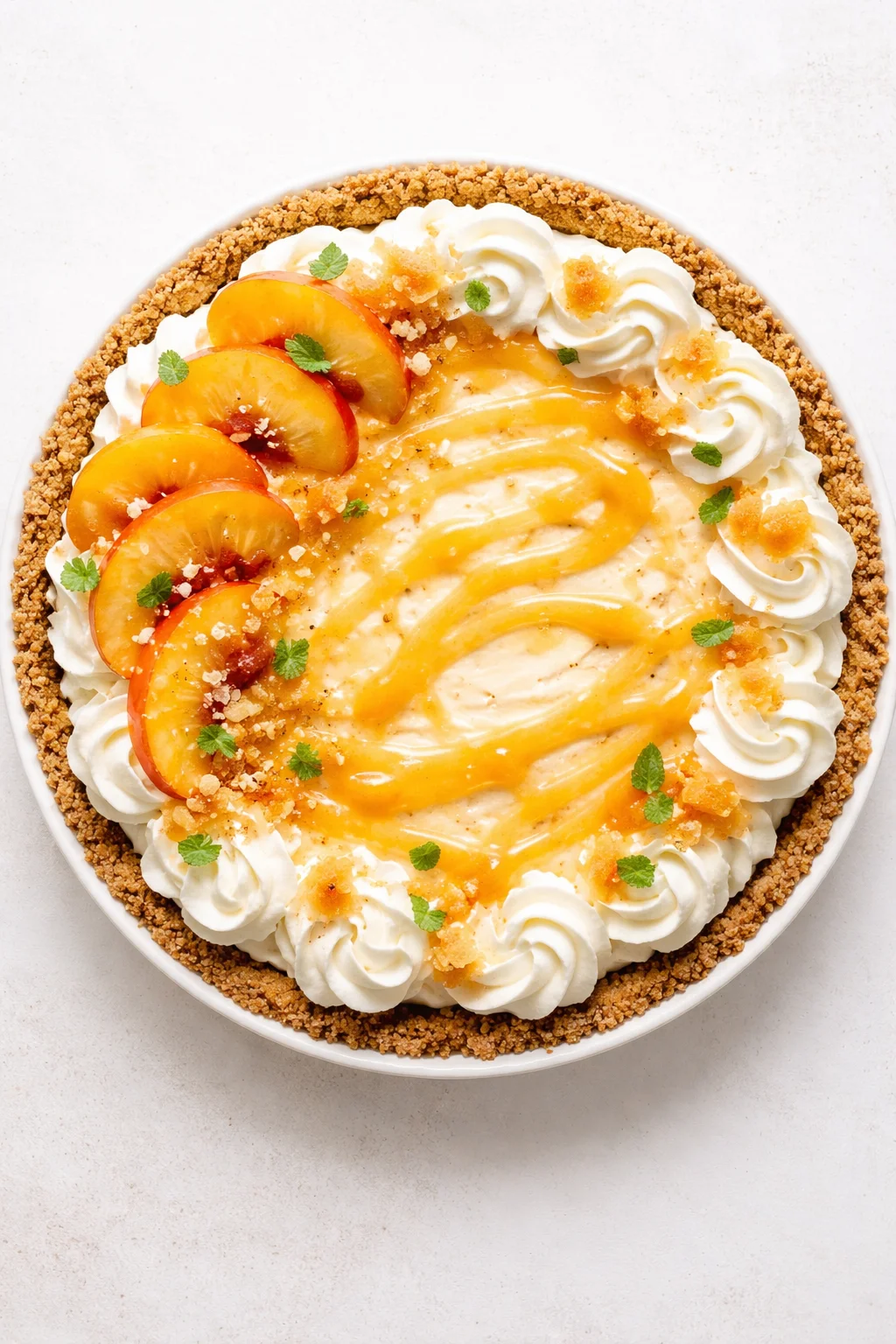 top-down view of a peach tart topped with whipped-cream rosettes, sliced peaches, and a crumb crust.