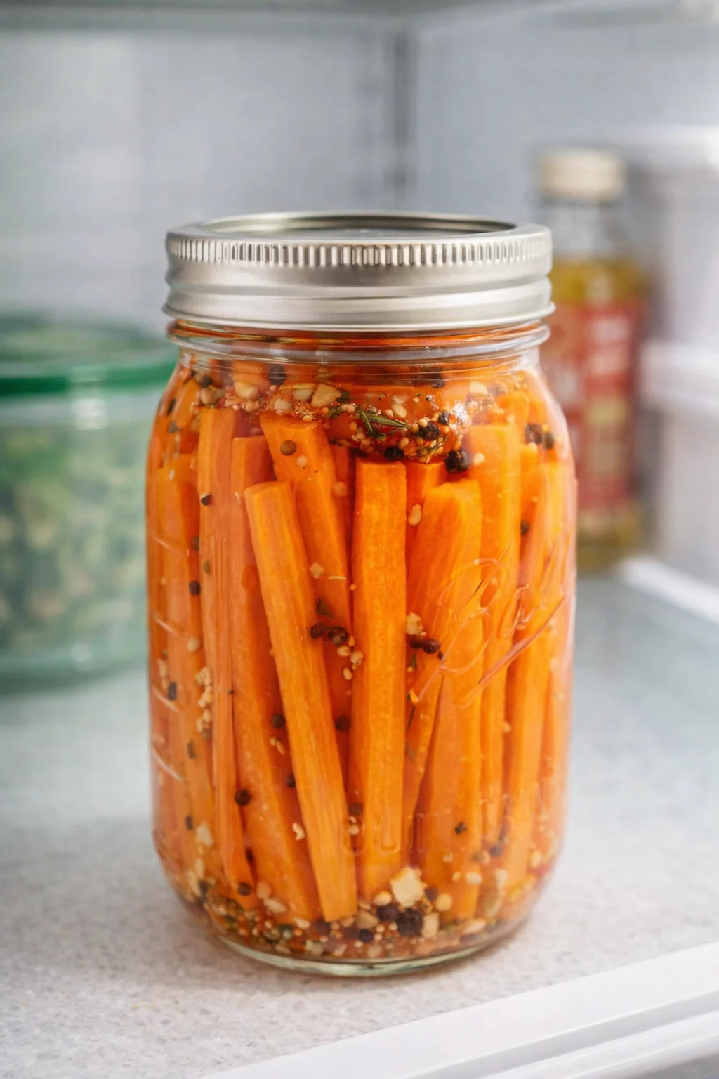Bright orange carrot sticks in a glass jar with pickling brine and seeds