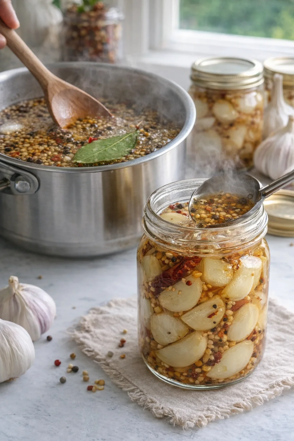 Glass jar filled with onions, mustard seeds, and peppercorns in brine; a steaming pot and garlic cloves nearby.