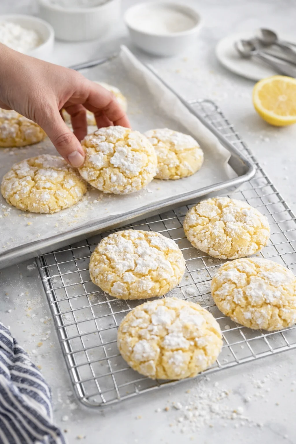 hand lifting a crackled powdered-sugar cookie from a parchment-lined baking sheet