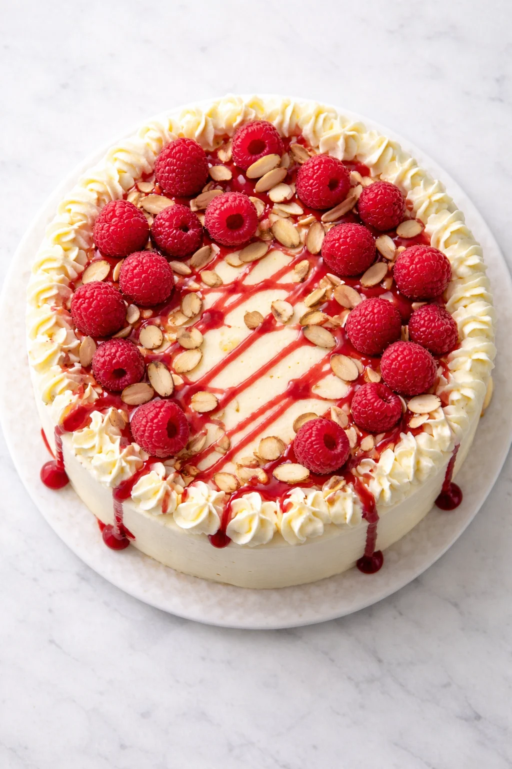 round white-frosted cake topped with raspberries, almond slices, and red drizzle on a marble surface