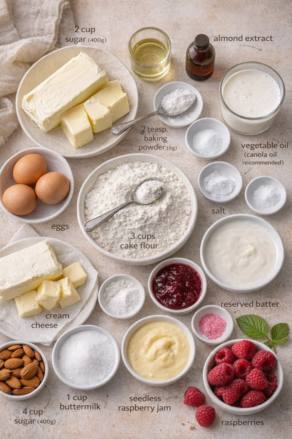 flat lay of baking ingredients on a beige surface: butter, cream cheese, eggs, flour, sugar, raspberries, jams, and bottles with extracts