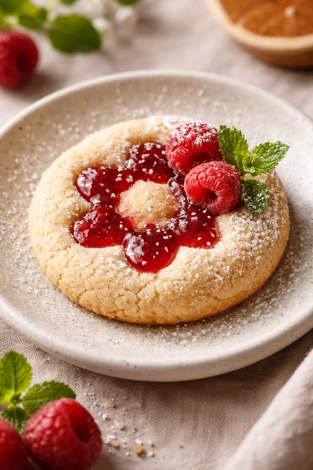 Golden thumbprint cookie filled with raspberry jam, dusted with powdered sugar, garnished with raspberries and mint, on a speckled plate.
