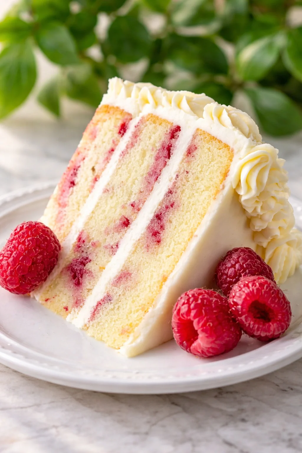 Slice of vanilla cake with raspberry filling and white frosting, garnished with fresh raspberries.