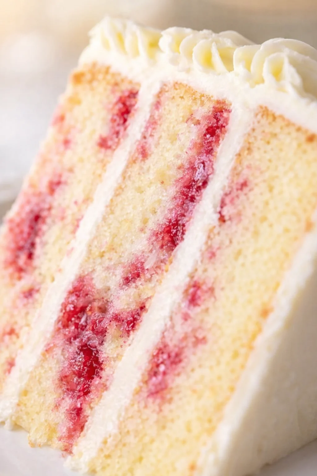 Close-up of vanilla sponge cake with raspberry filling and white frosting.