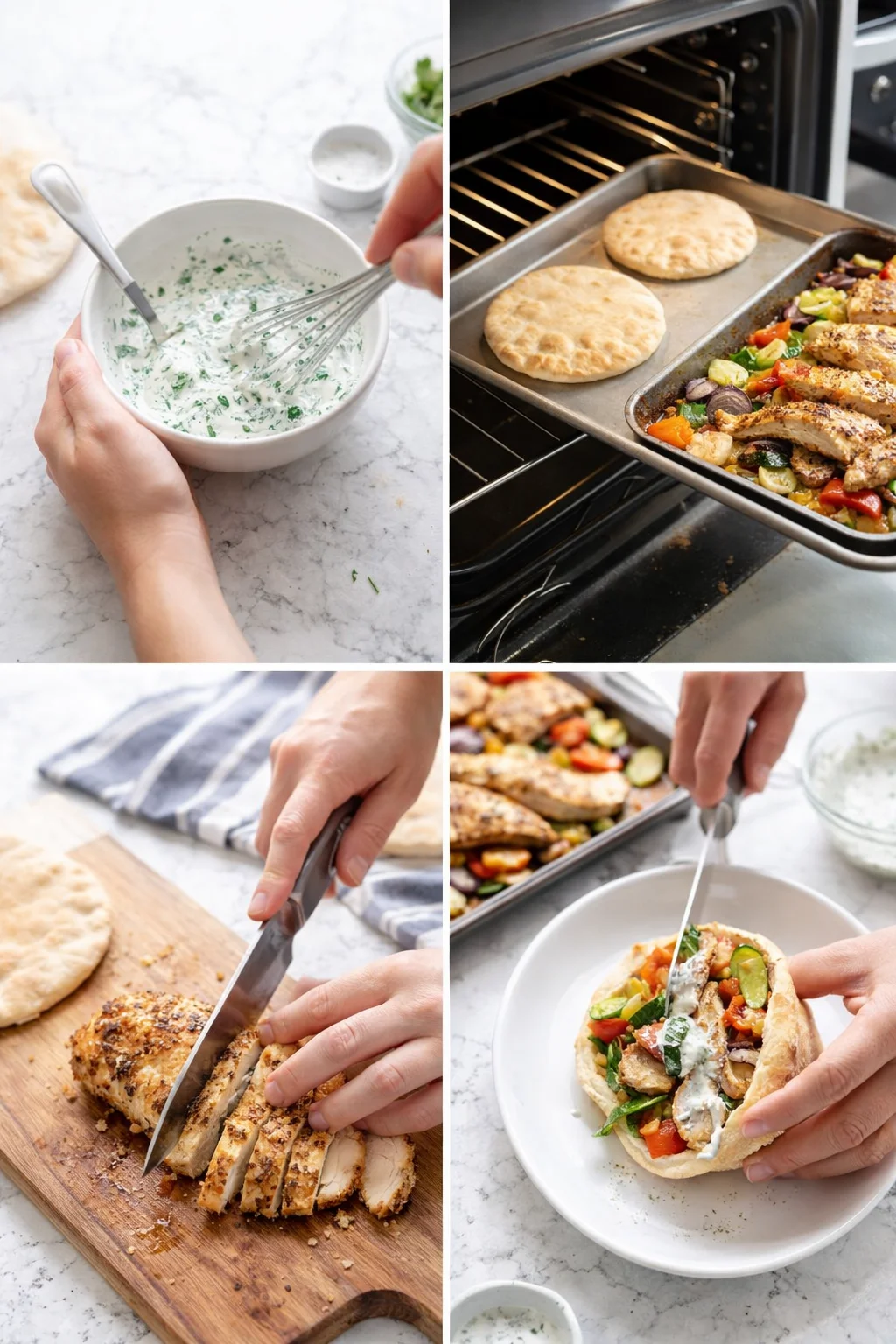 collage showing yogurt-herb sauce, roasting chicken with veggies, slicing chicken, and stuffed vegetable pita