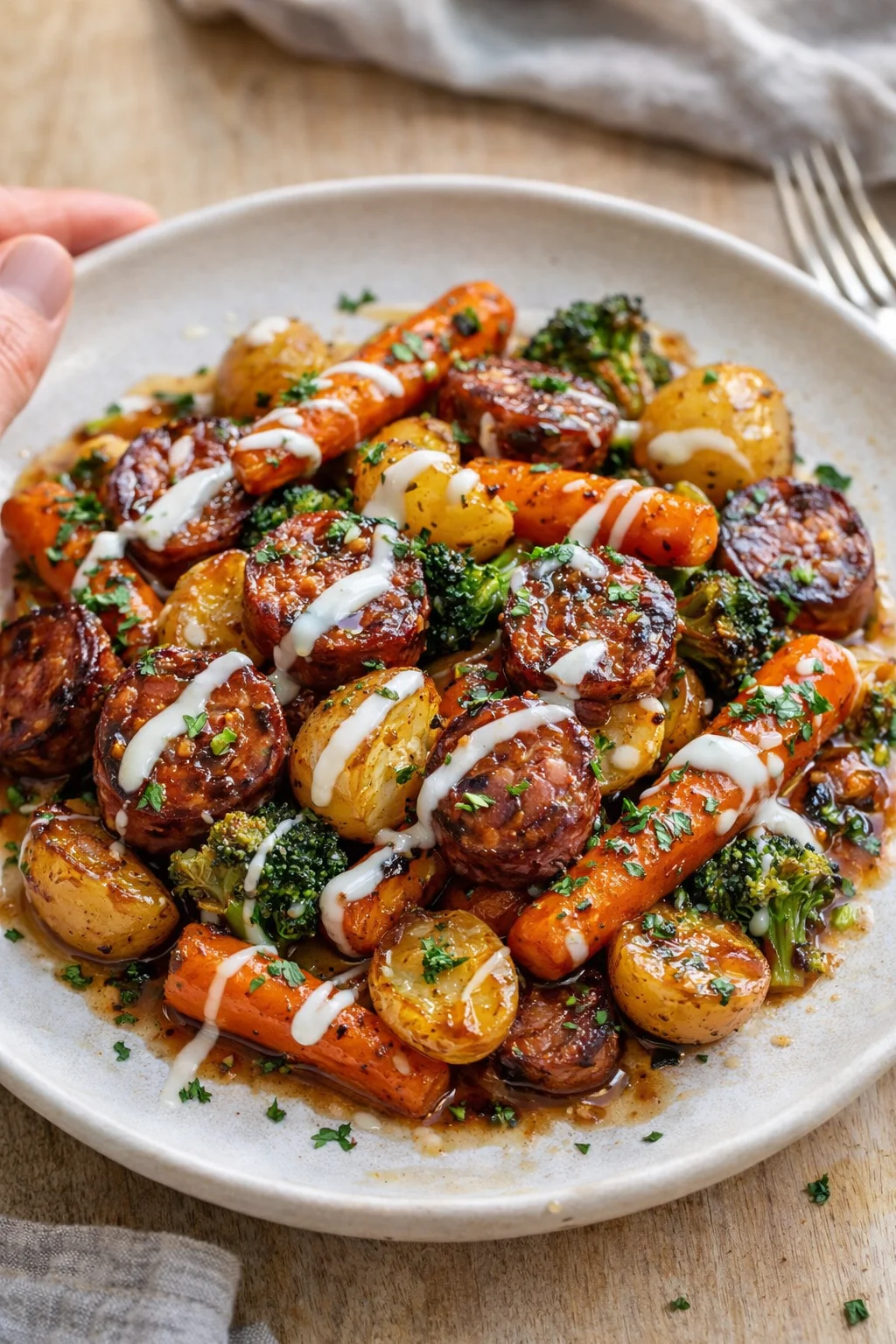 Roasted potatoes, carrots, and broccoli on a beige plate, topped with creamy white sauce and parsley.