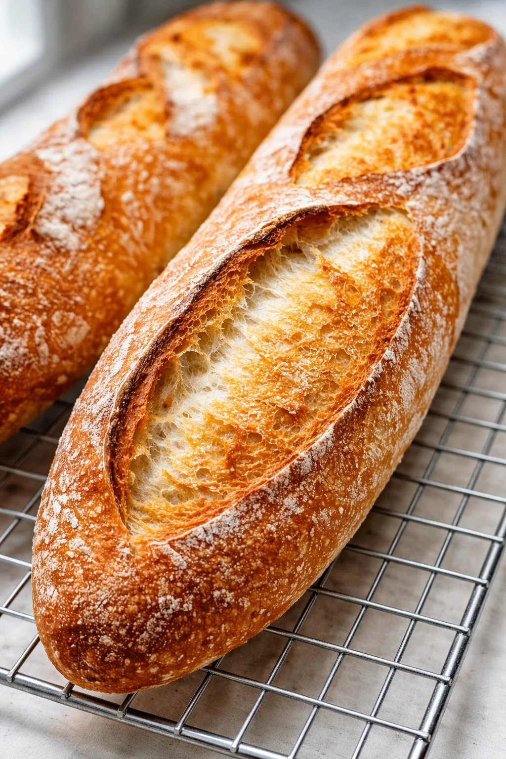 Two long rustic bread loaves on a cooling rack with flour-dusted crusts.