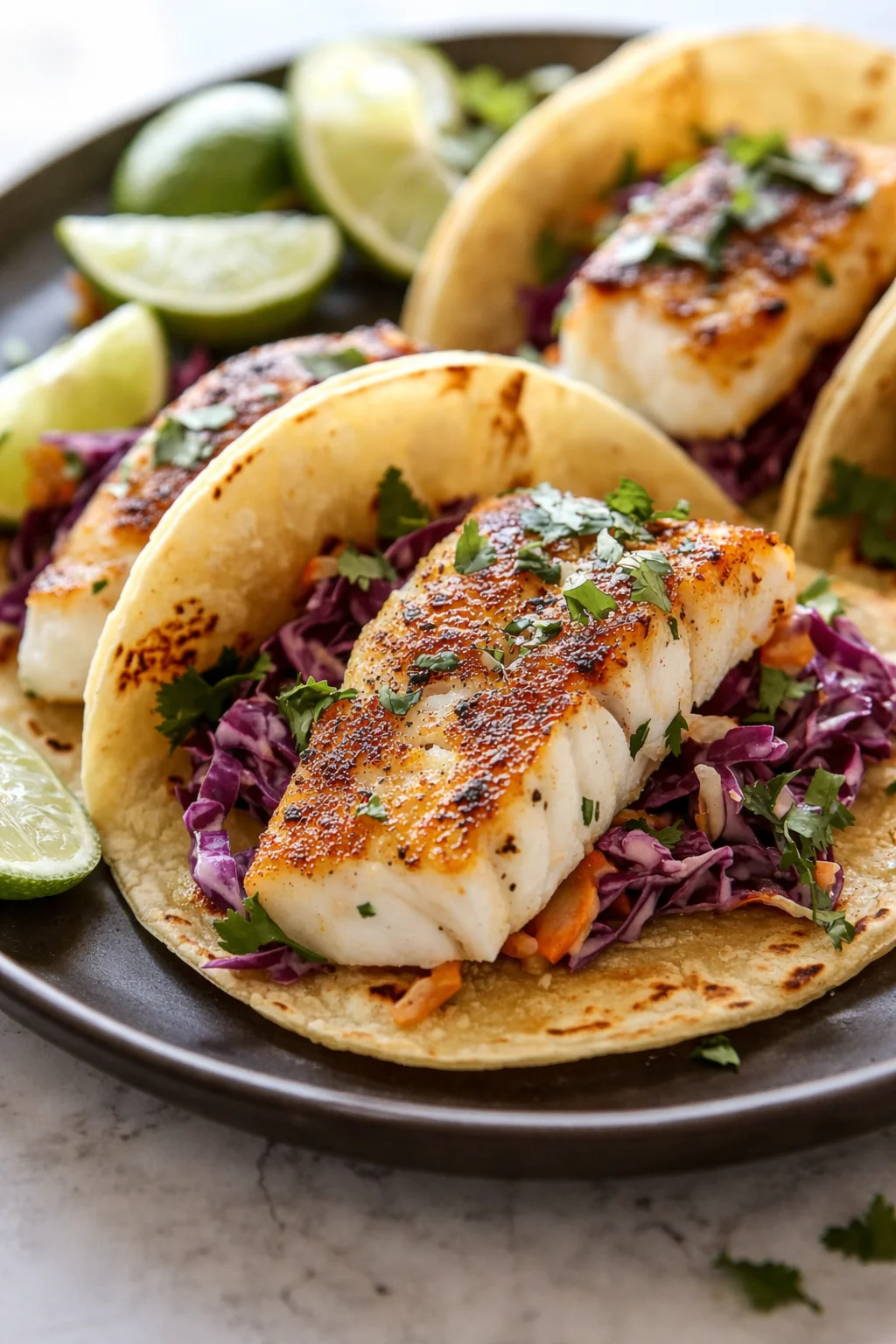 Close up of seared white fish tacos on a dark plate with purple cabbage slaw and lime wedges