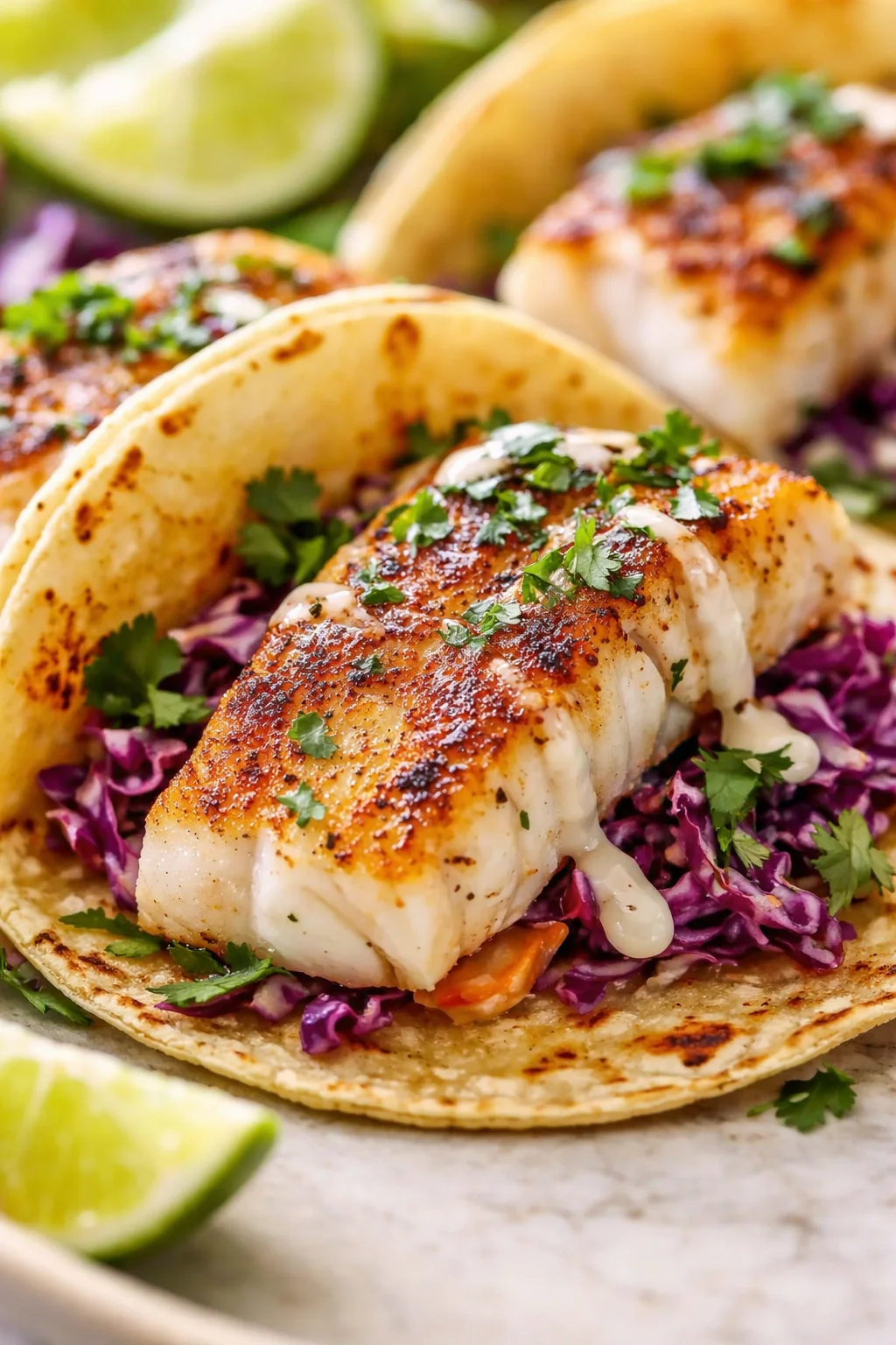 seared fish tacos with purple cabbage slaw, cilantro and lime wedges