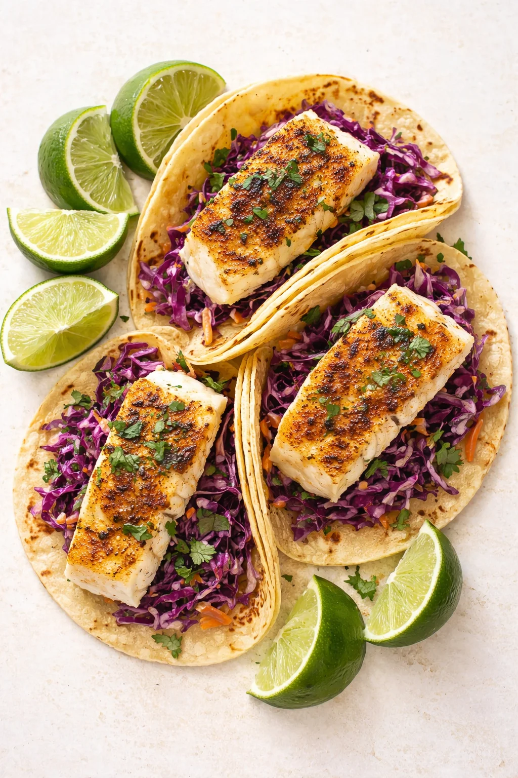 Three seared-fish tacos on purple cabbage slaw with lime wedges nearby.