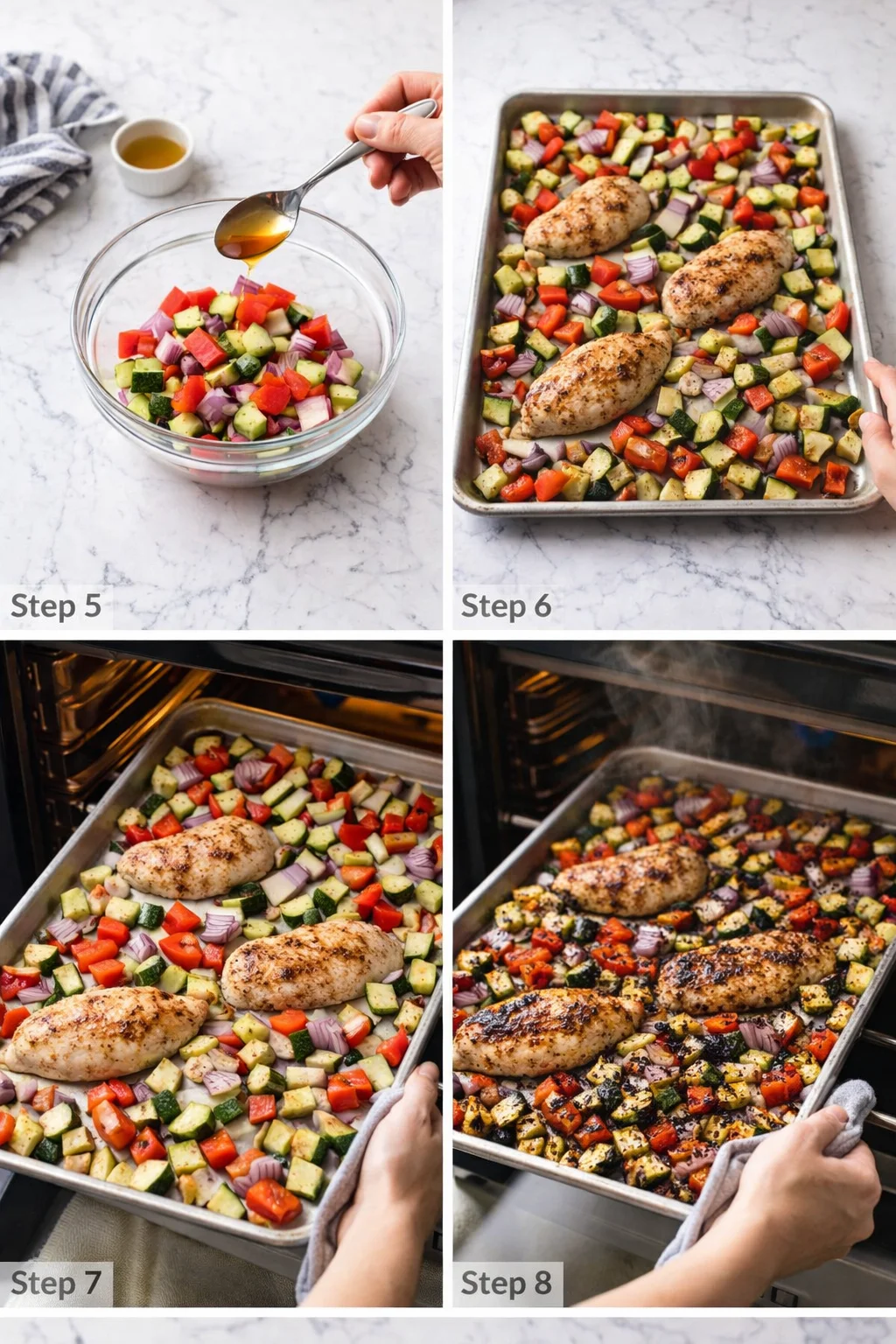 Step-by-step collage showing chicken with diced vegetables on a sheet pan before roasting.