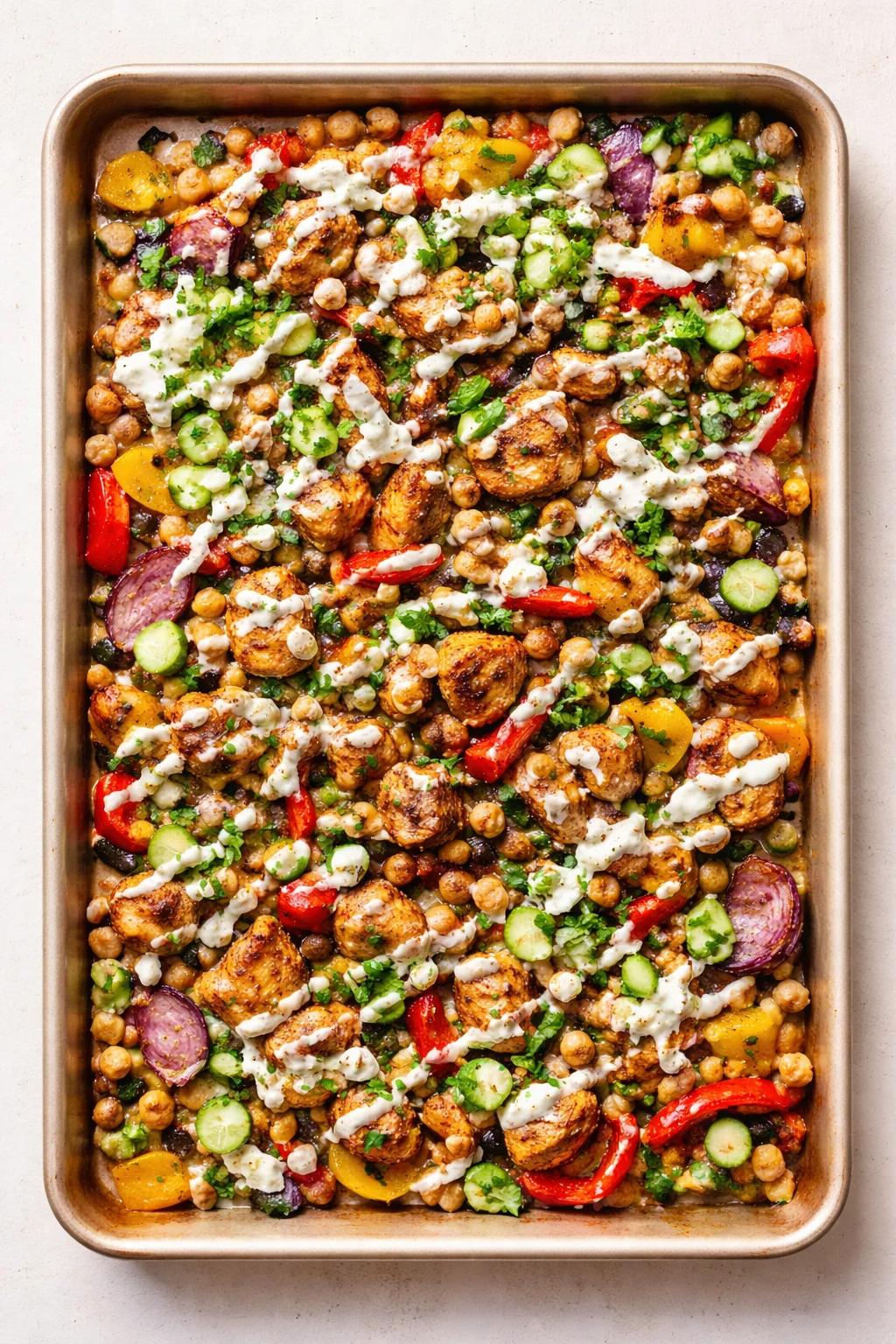 Colorful sheet-pan roast with chicken, chickpeas, peppers, onions, and green rounds drizzled with creamy yogurt.