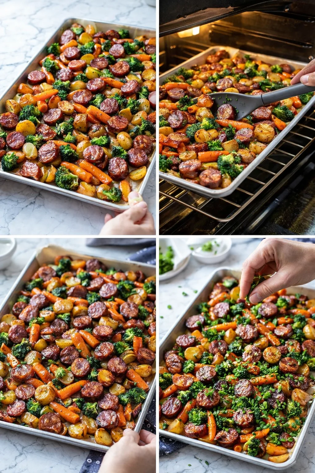 Four-panel collage of a sheet-pan roasted sausage with potatoes, carrots, and broccoli being prepared and garnished.