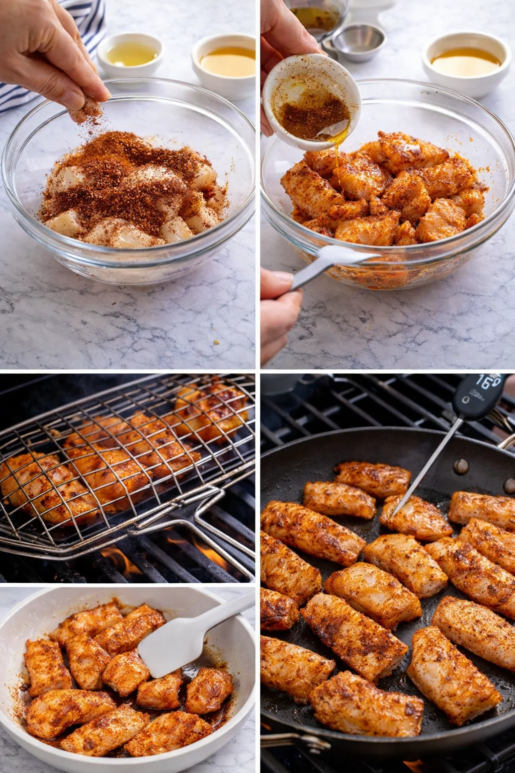 Collage showing hands seasoning, marinating, grilling, and searing chicken bites.