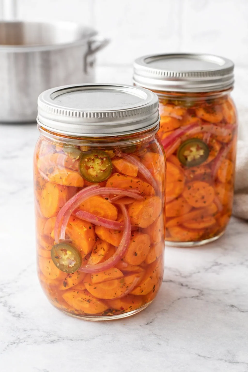 Two glass jars filled with orange carrot coins, onion rings, and jalapeño slices in brine on a marble surface.