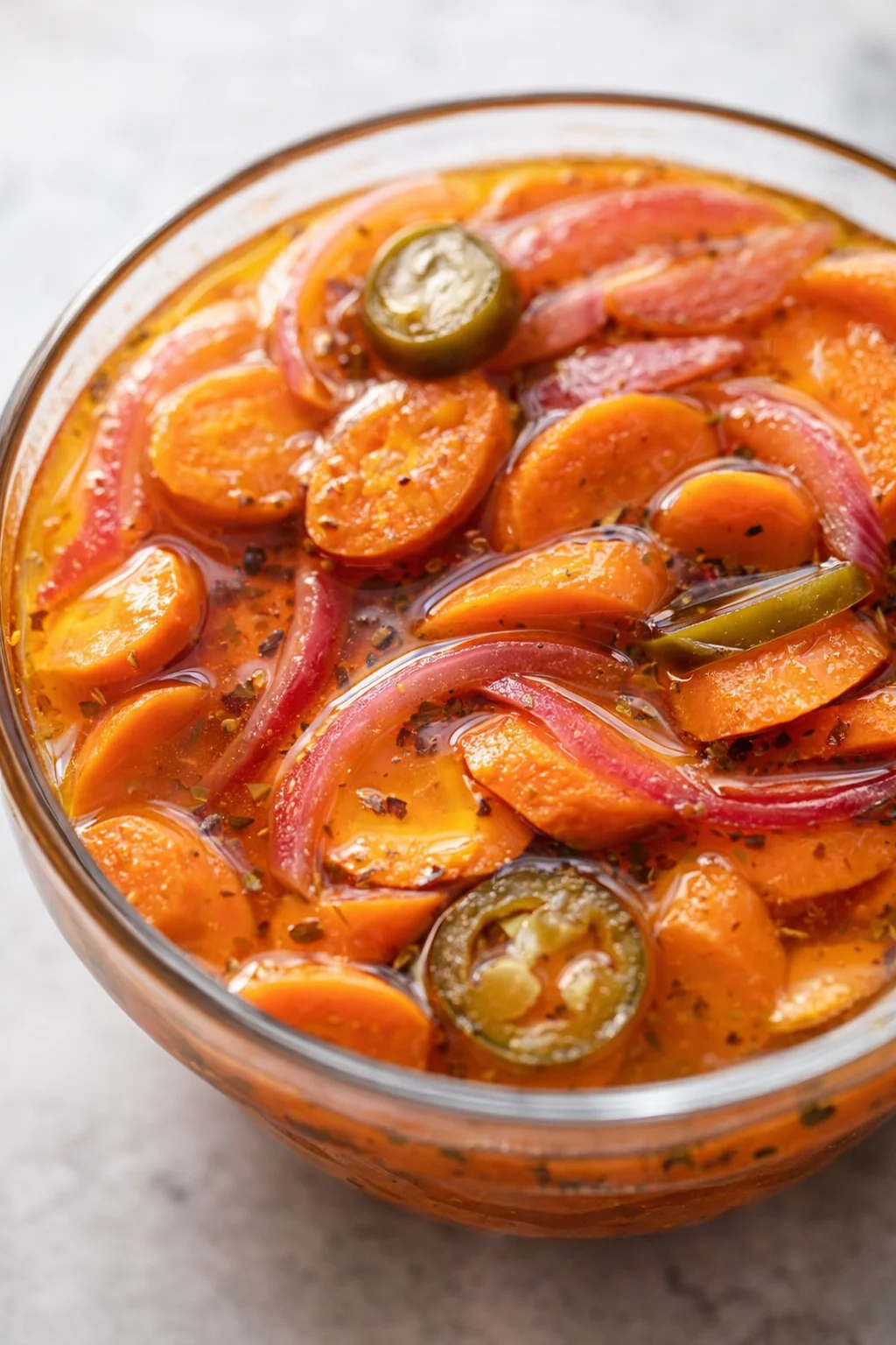 Glass jar filled with orange peach slices, red onion rings, and jalapeño in brine.