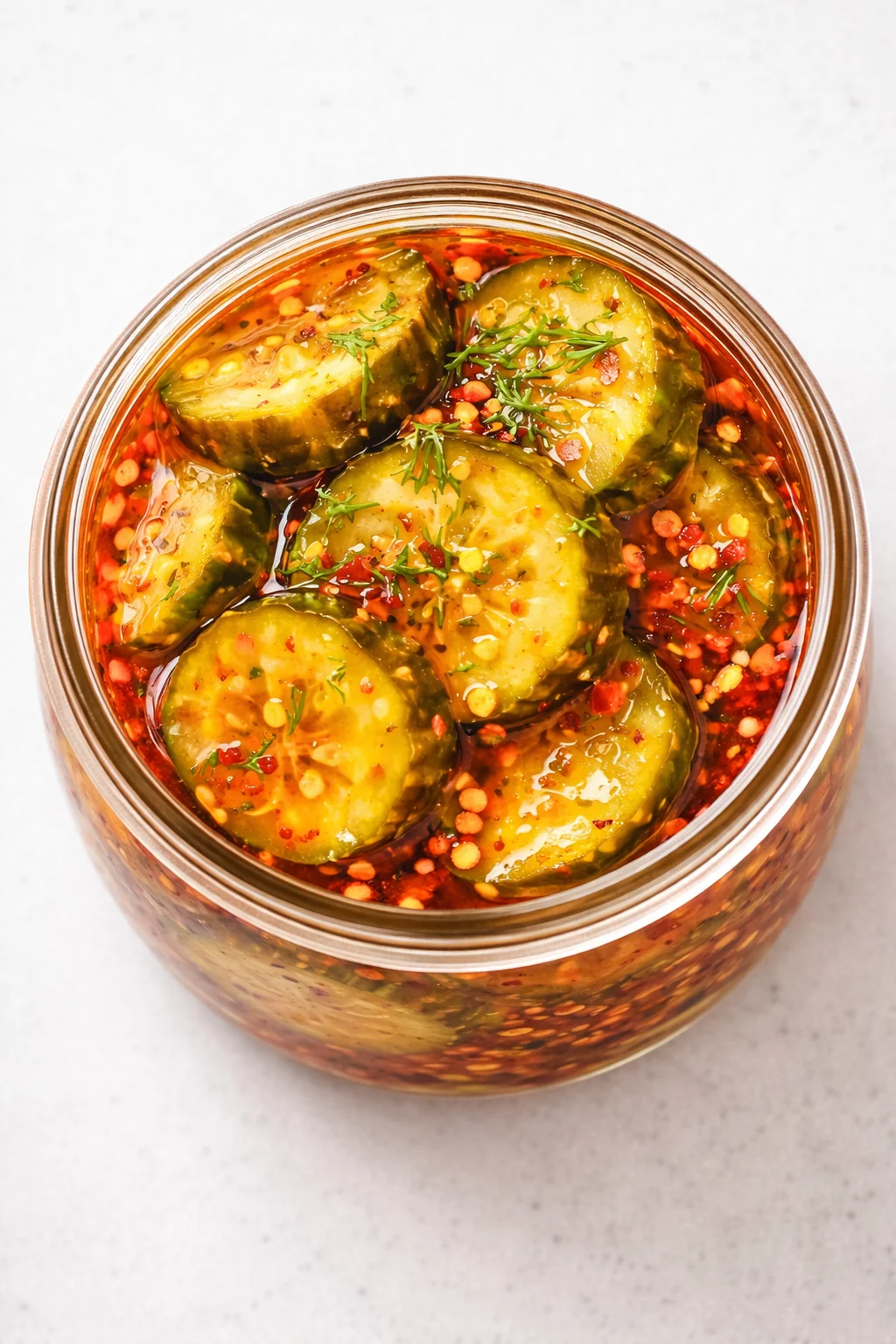 top-down view of a glass jar filled with cucumber slices in chili oil, red pepper flakes, and herbs.