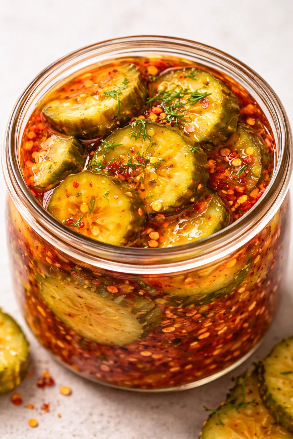 Glass jar filled with cucumber slices submerged in bright chili oil, topped with dill.