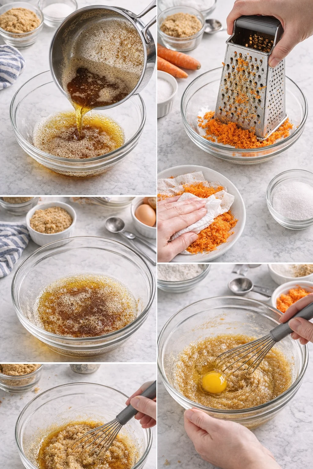 collage showing step-by-step batter prep with melted butter, orange zest, sugar, and whisked eggs