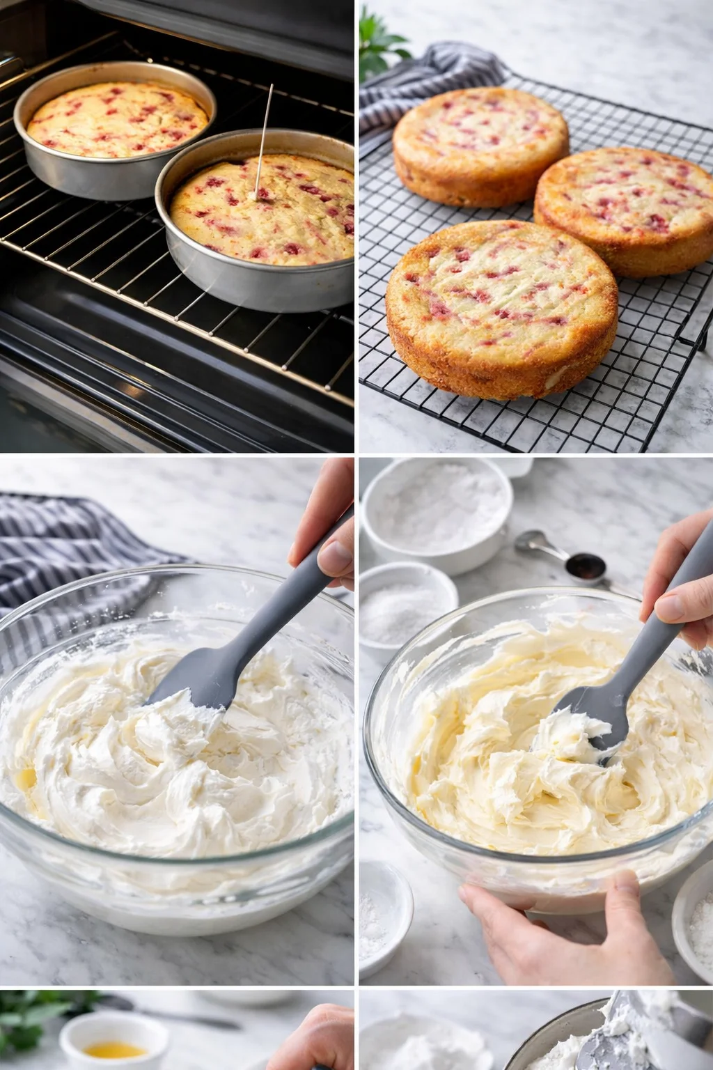Collage showing raspberry-speckled cake batter in pans, cooling rounds on a rack, and whipped frosting.