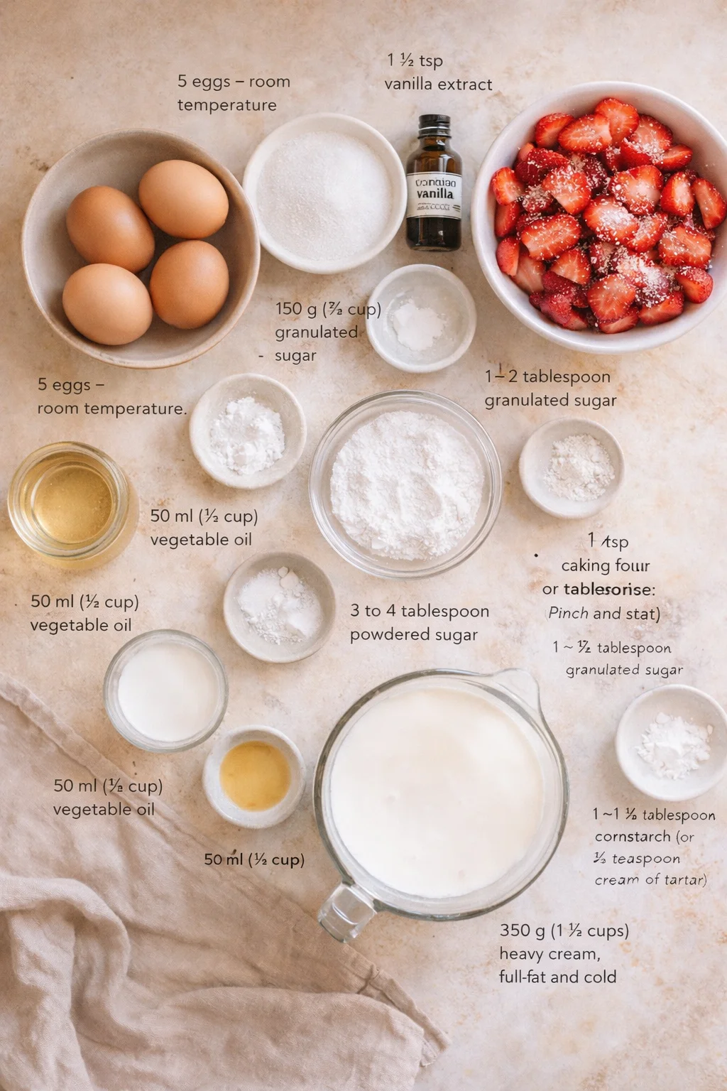 top-down view of eggs, strawberries, flour, sugar, oil, and cream arranged for baking