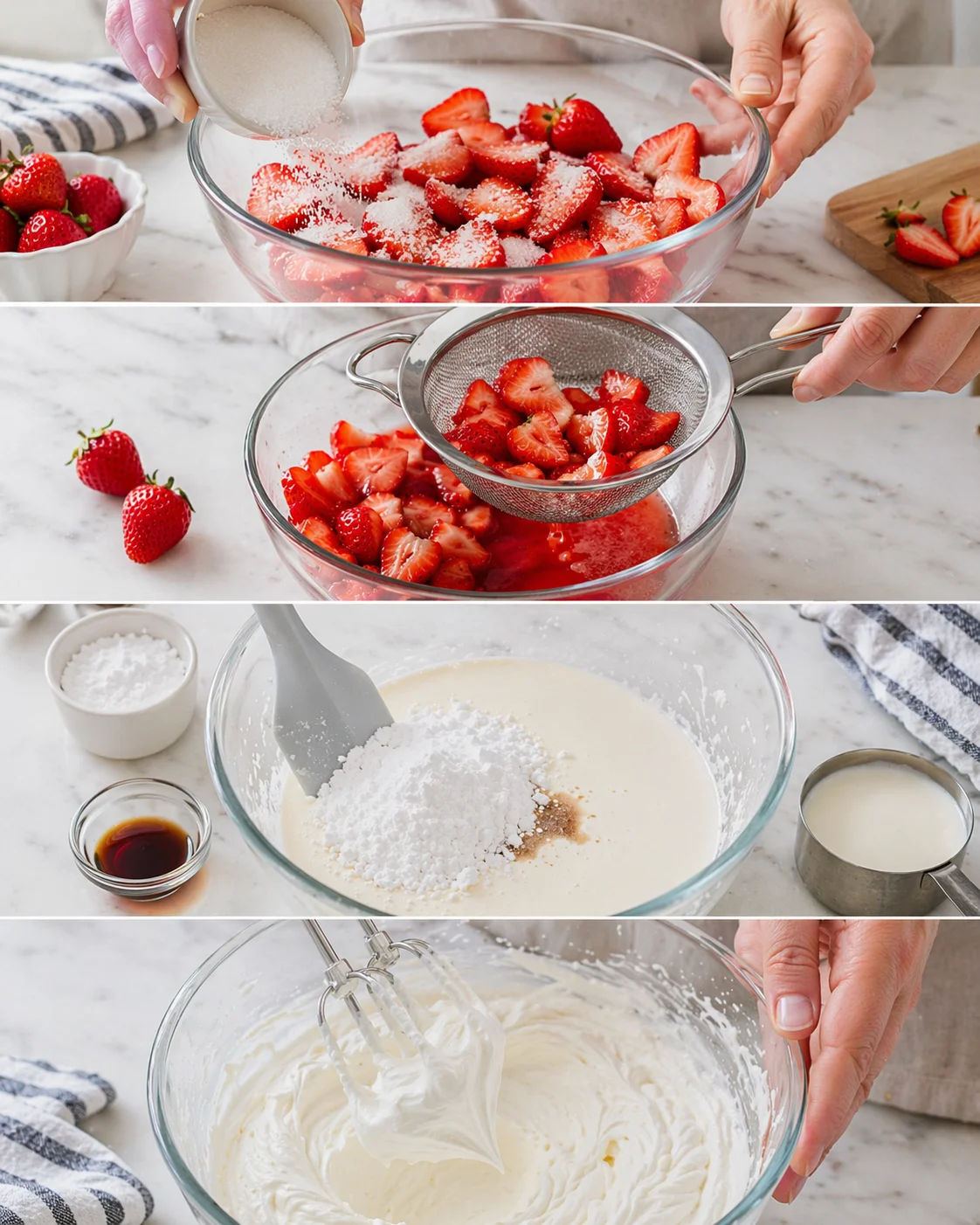 Hands sprinkle sugar on strawberries, strain juice, whisk batter, and whip cream.