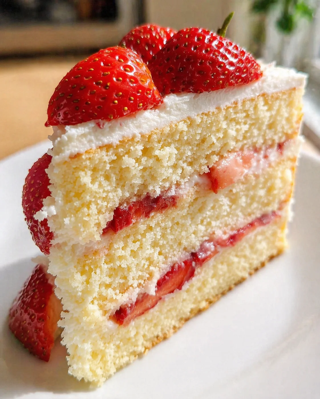 close-up of a vanilla sponge cake slice with cream and strawberry filling, topped with halved strawberries on a white plate.