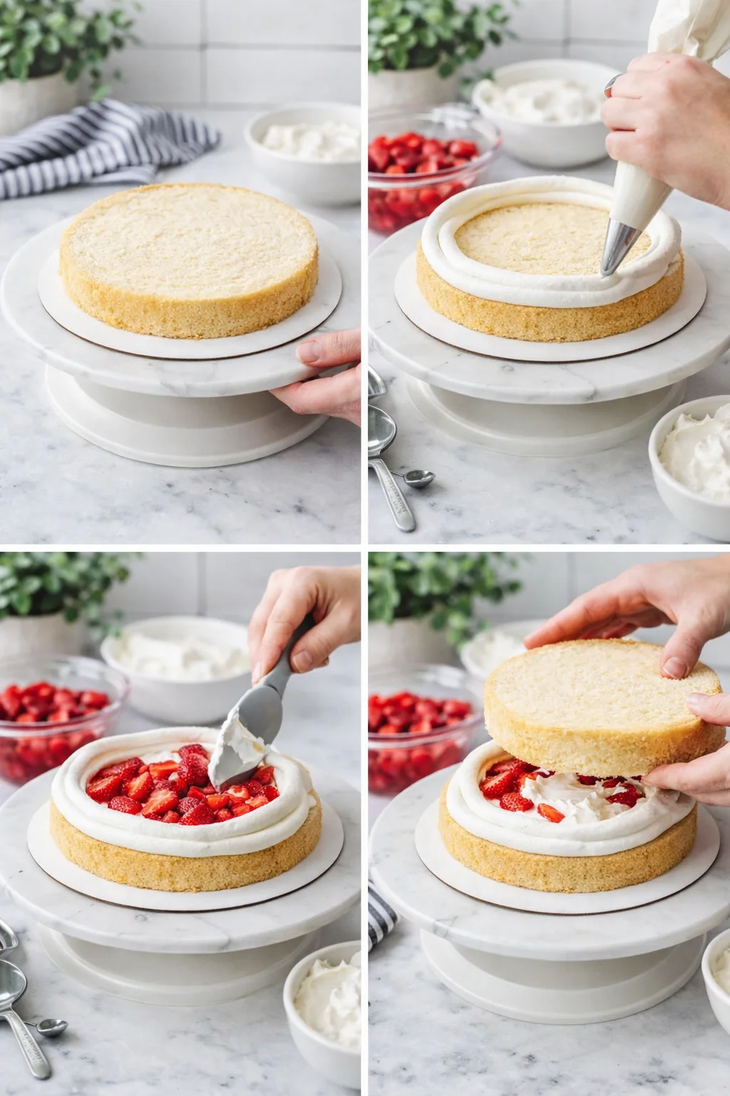 four-panel collage showing a sponge cake being assembled with whipped cream and strawberries.