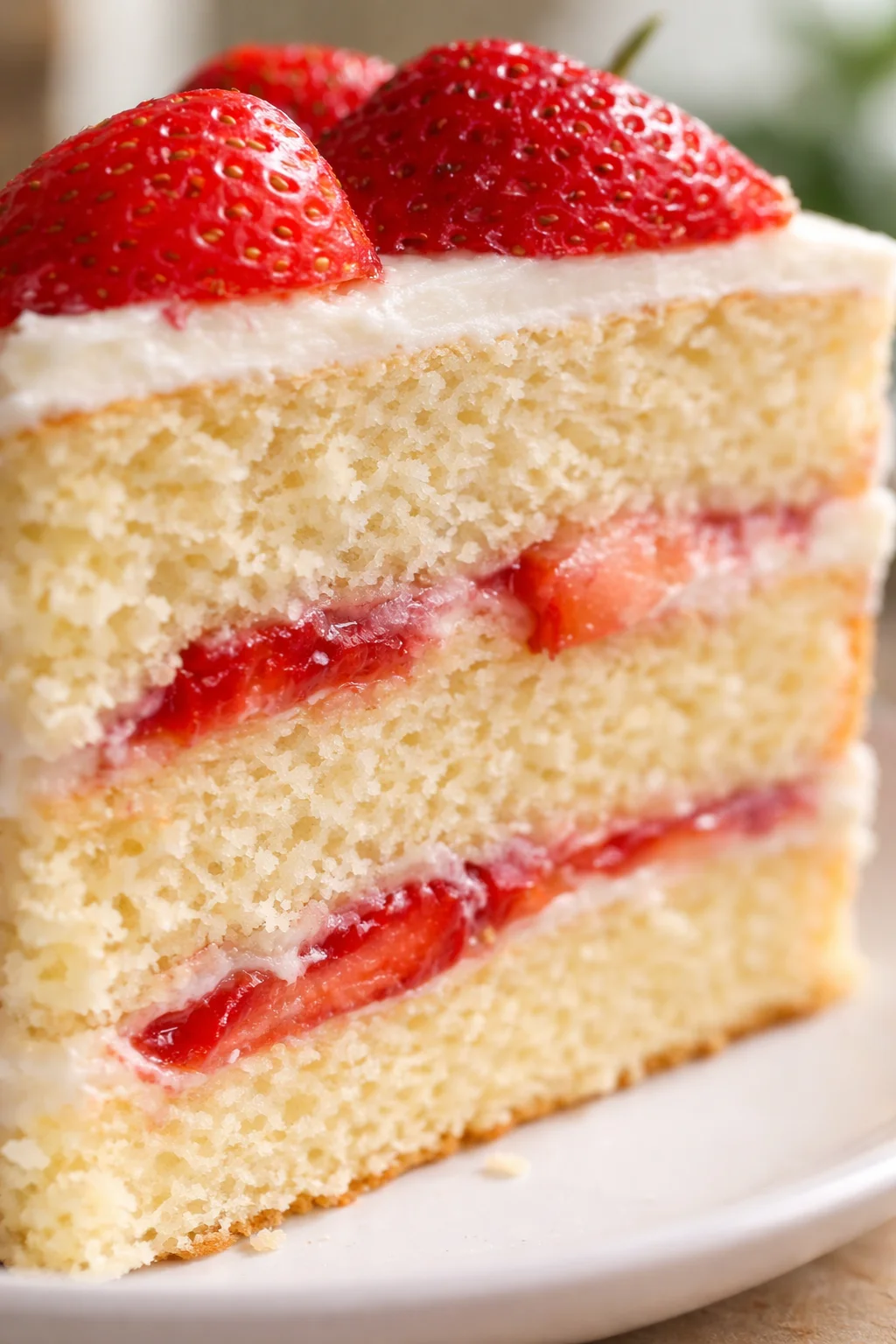 Close-up of a multi-layer strawberry cake slice with cream filling and top strawberries.