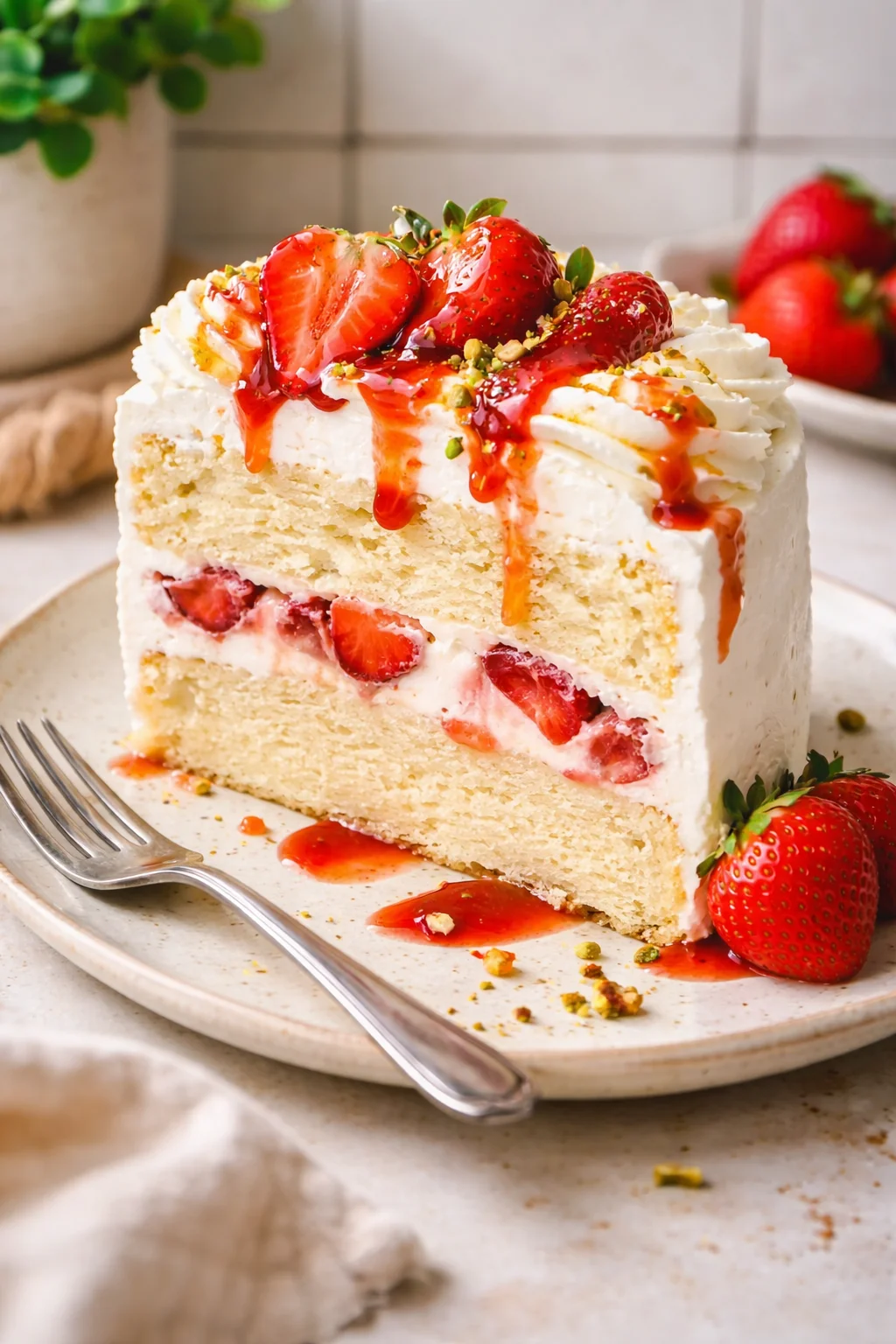 Tall strawberry-layer cake with whipped cream, fresh strawberry slices, pistachio sprinkles, and strawberry glaze on a beige plate.