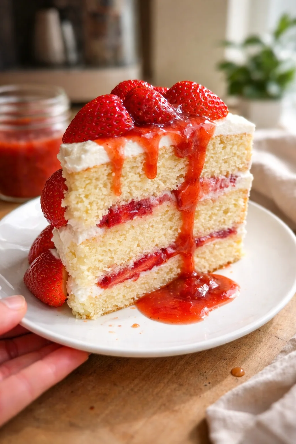 slice of vanilla-layer cake with strawberry filling and fresh strawberries on a white plate