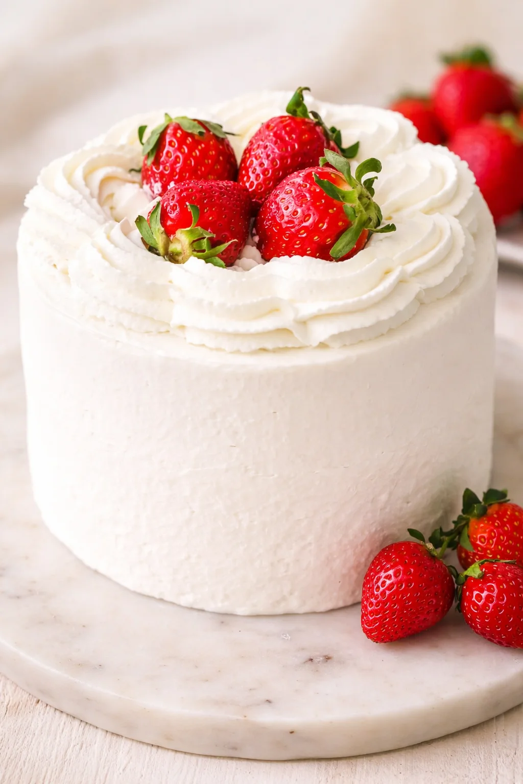 White buttercream cake with a piped rosette border and fresh strawberries on a marble board