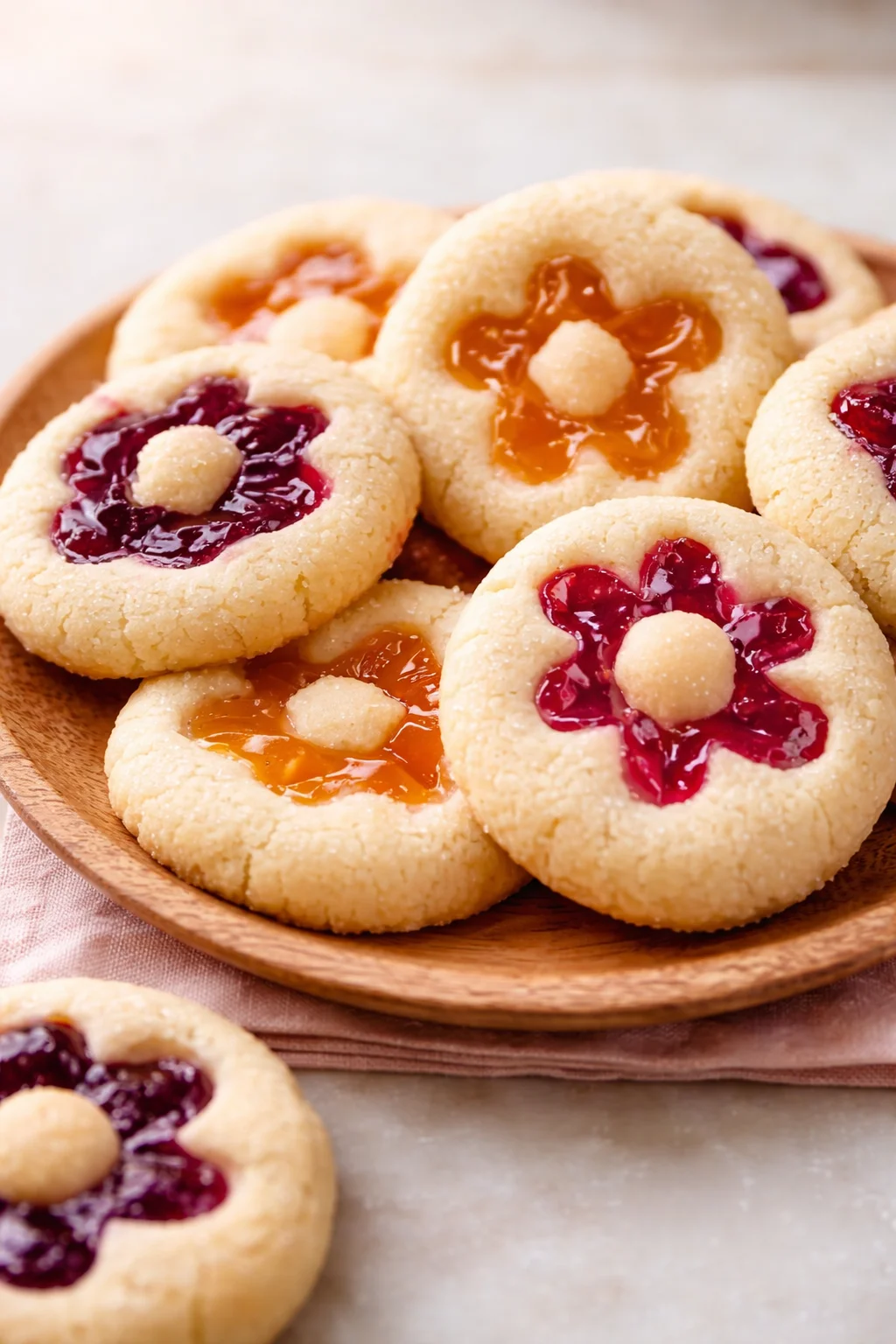 Golden thumbprint cookies with jam centers on a wooden plate.