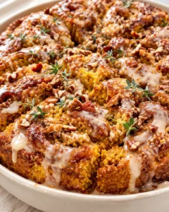 golden crumb cake with pecans and thyme garnish, glazed and cut into pieces in a round baking dish
