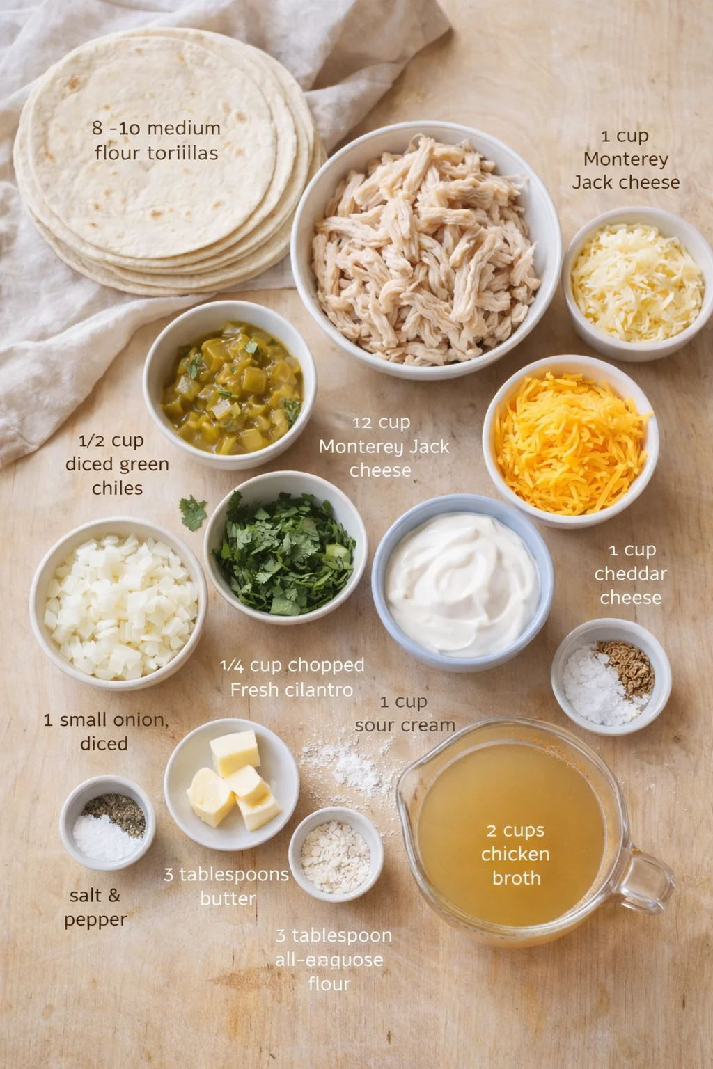 Overhead view of tortilla-ingredient layout with shredded chicken, cheeses, greens, and sauces.