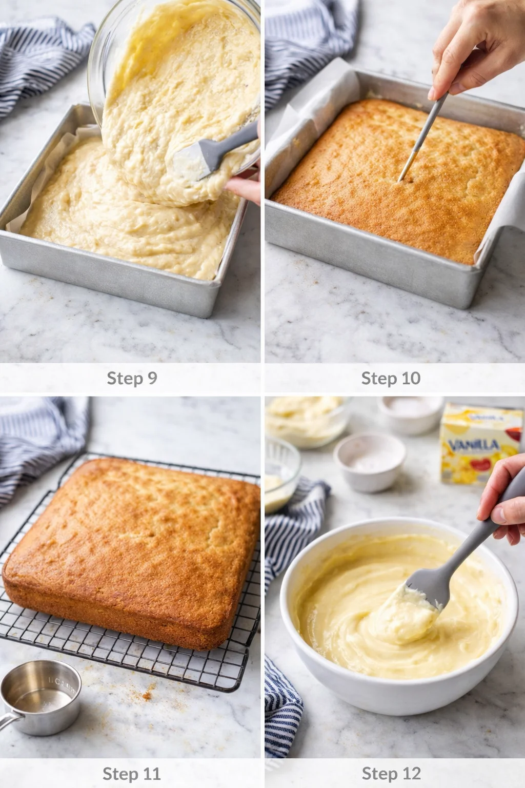 collage showing cake-baking steps: batter being poured into pan, cake after bake, cooling rack, and frosting bowl.