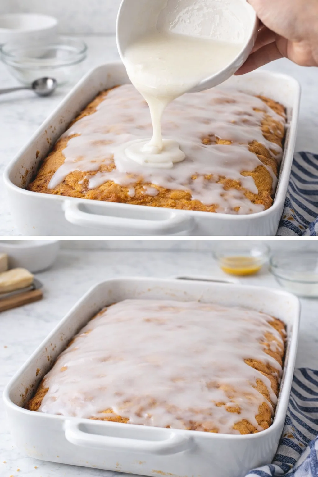 hand pours glossy vanilla glaze over golden loaf cake in white baking dish